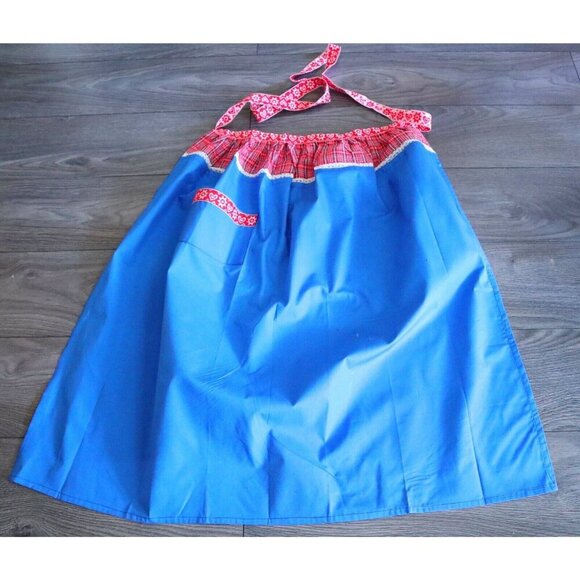 Apron Vintage Aprons Half Apron Blue 1 Pockets Cotton Long - Picture 2 of 3